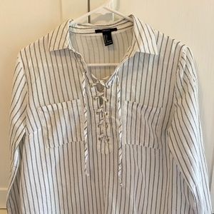 White & Grey Stripped Long Sleeve Lace Up Blouse